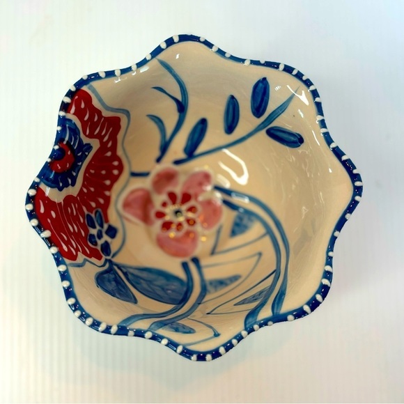 Blue Sky Other - Blue Sky Ceramics Pedestal Scalloped Bowl Heather Goldminc RED BLUE FLOWERS